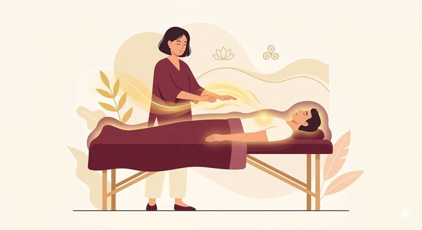 Reiki healing session illustration showing a healer channeling calming energy through hands to support relaxation and emotional balance