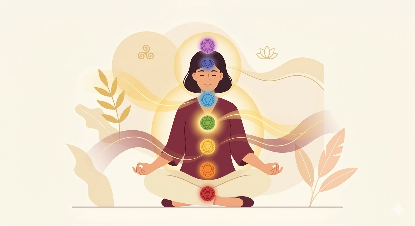 Chakra healing illustration showing a meditating person with glowing energy centers aligned along the body
