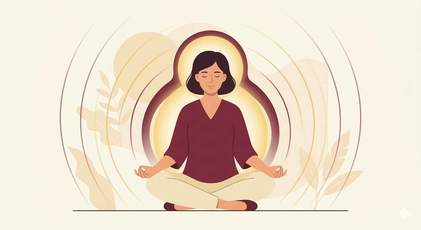 Guided meditation illustration showing a calm person sitting in meditation posture surrounded by peaceful energy