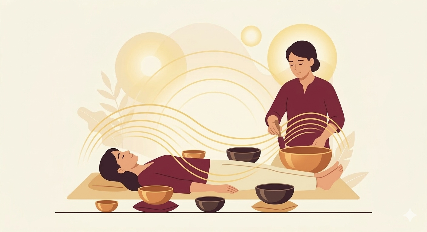 Sound therapy session illustration with singing bowls creating calming vibrations for deep relaxation