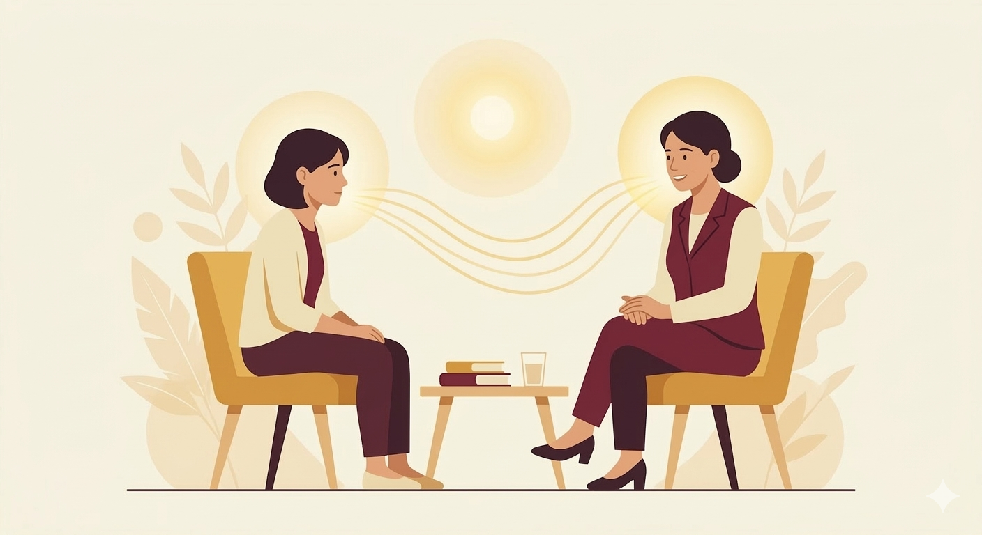 Life guidance and wellness counselling illustration showing a supportive conversation for personal clarity and emotional balance